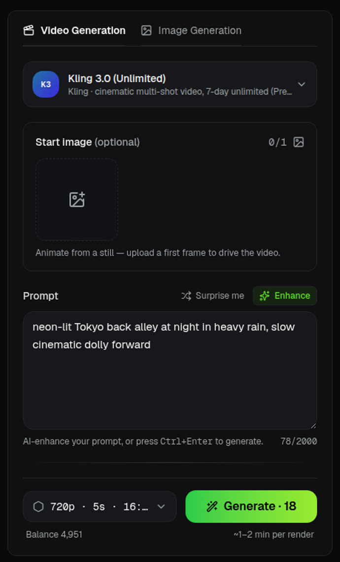 The ClipMix generate panel: Kling 3.0 selected, start image slot, prompt box with Enhance, and the Generate button