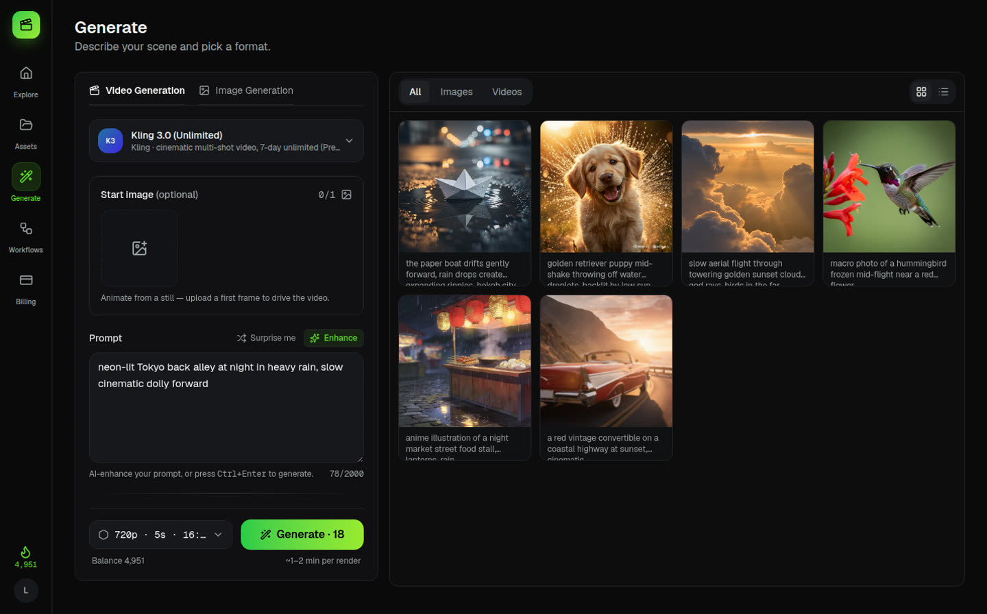 The ClipMix studio: model picker on Kling 3.0, prompt box with Enhance, and a library of finished generations