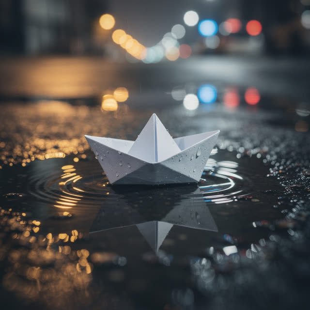 Paper sailboat on a rain puddle — image generated with Flux.2 Pro